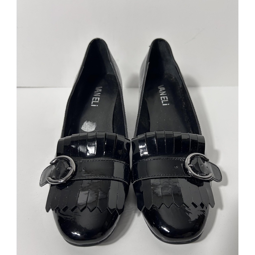 Vaneli Shoes Womens Size 8 Black Patent Leather Pump Block Heel Buckle Fringe